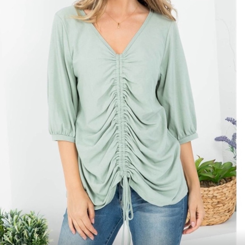 Sage Green Ruched Front V-Neck Top 3/4 Sleeves Size Large NWT